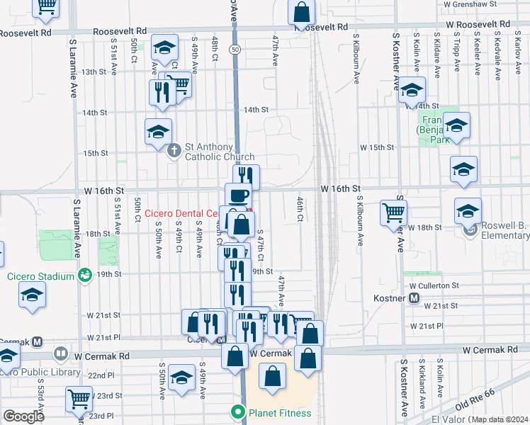 map of restaurants, bars, coffee shops, grocery stores, and more near 1629 South 47th Court in Cicero