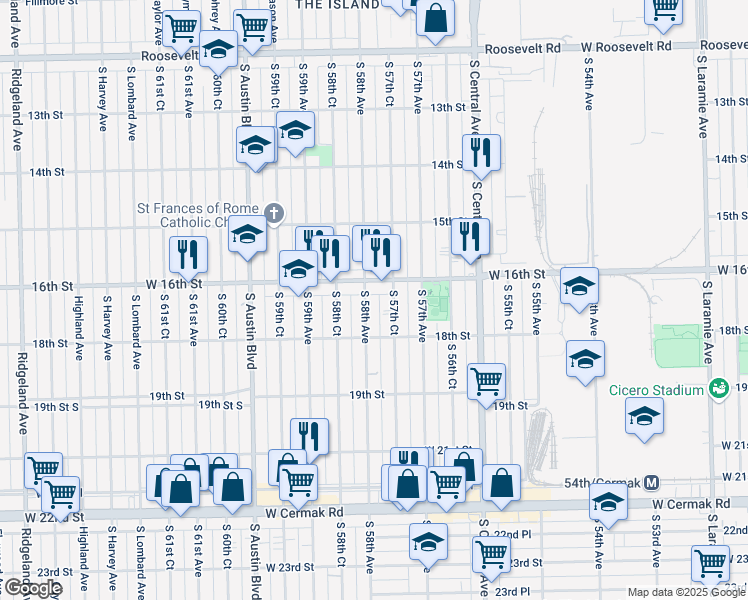 map of restaurants, bars, coffee shops, grocery stores, and more near 1618 South 57th Court in Cicero
