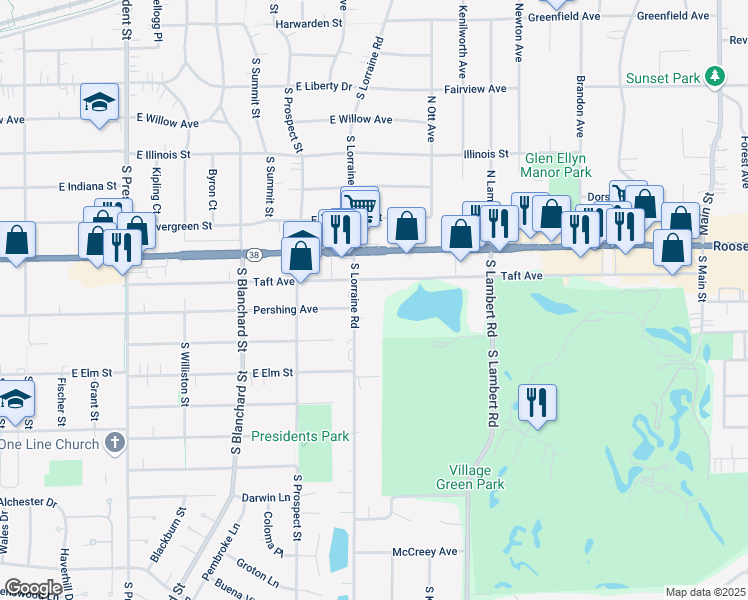 map of restaurants, bars, coffee shops, grocery stores, and more near 881 South Lorraine Road in Wheaton