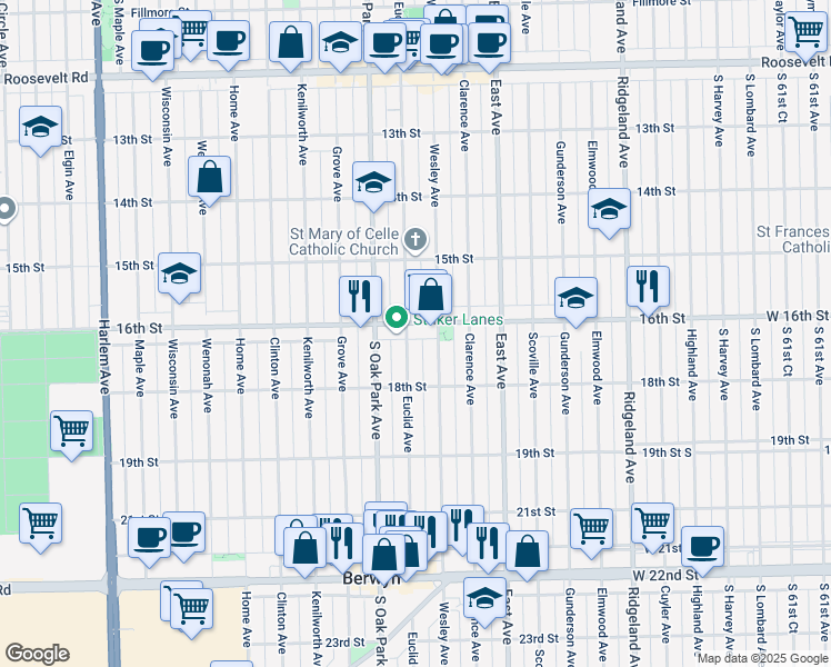 map of restaurants, bars, coffee shops, grocery stores, and more near 6716 16th Street in Berwyn