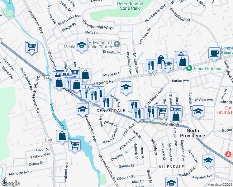 map of restaurants, bars, coffee shops, grocery stores, and more near 16 Brown Avenue in North Providence