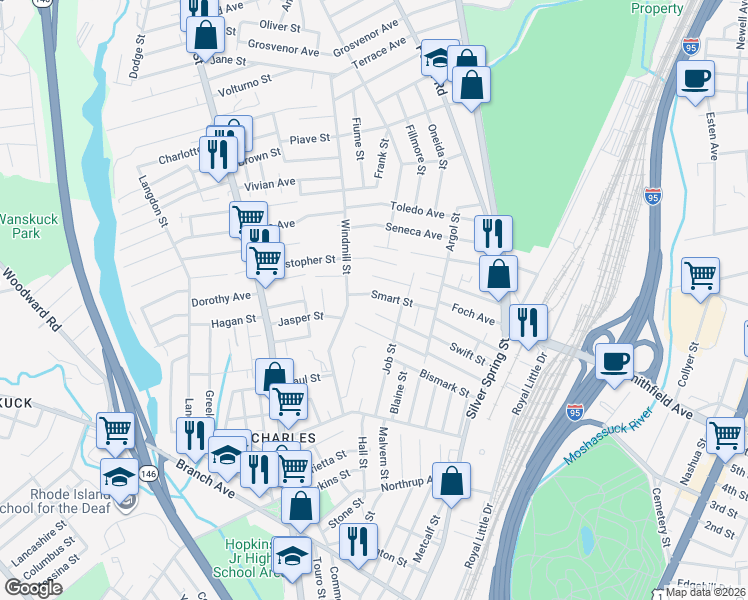 map of restaurants, bars, coffee shops, grocery stores, and more near 73 Smart Street in Providence