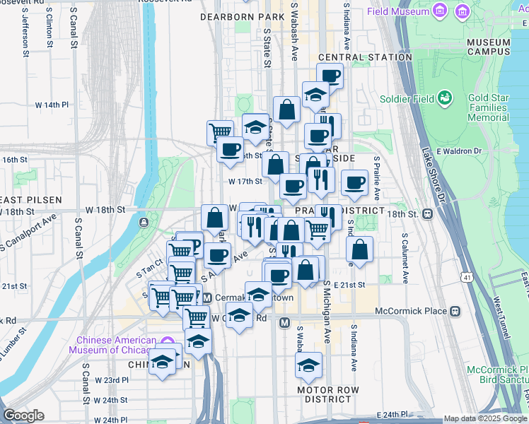 map of restaurants, bars, coffee shops, grocery stores, and more near 1805 South State Street in Chicago