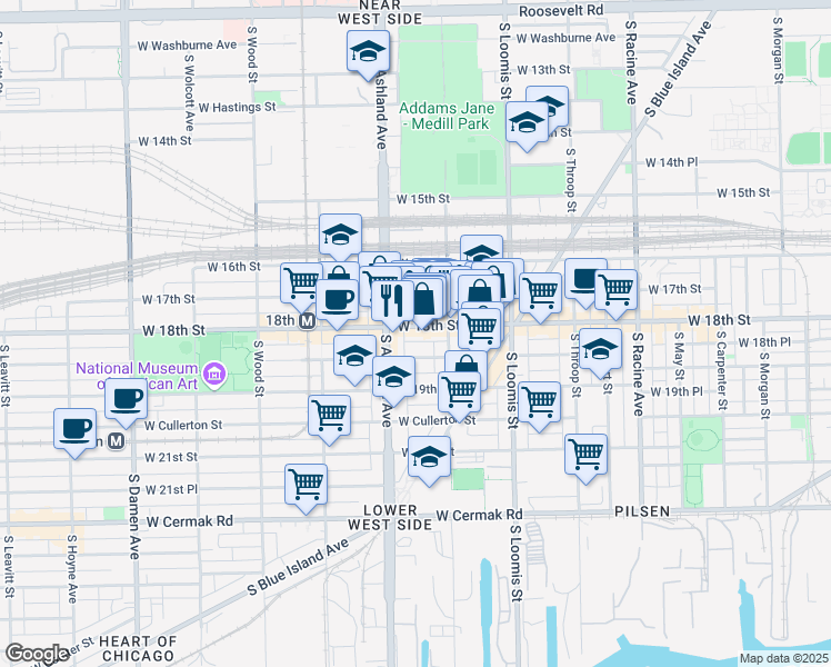 map of restaurants, bars, coffee shops, grocery stores, and more near 1502 West 18th Street in Chicago