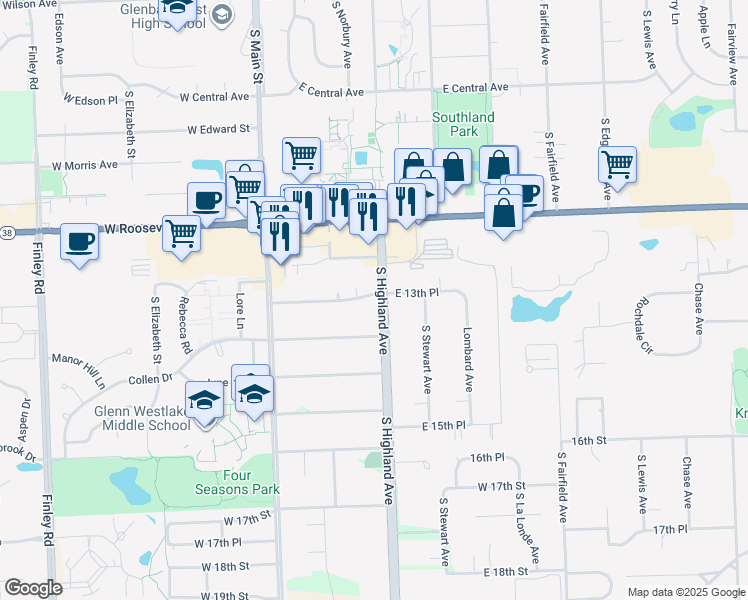 map of restaurants, bars, coffee shops, grocery stores, and more near 1350 South Highland Avenue in Lombard