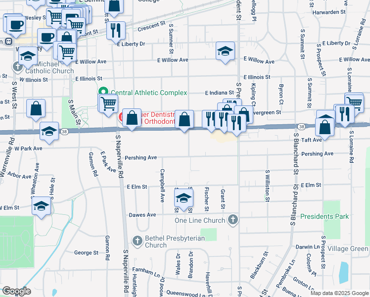 map of restaurants, bars, coffee shops, grocery stores, and more near 810 South Chase Street in Wheaton