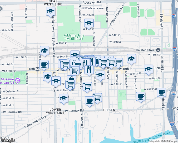 map of restaurants, bars, coffee shops, grocery stores, and more near 1327 West 18th Street in Chicago