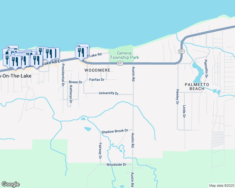 map of restaurants, bars, coffee shops, grocery stores, and more near 5094 University Drive in Geneva