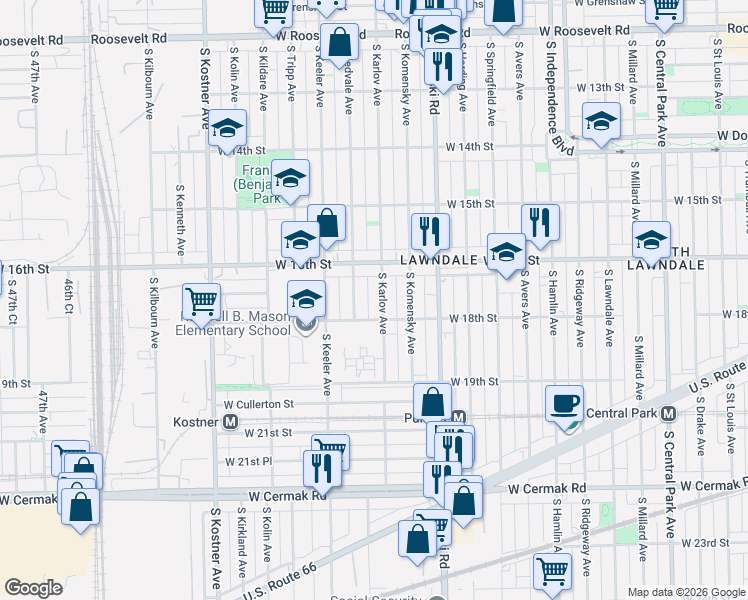 map of restaurants, bars, coffee shops, grocery stores, and more near 1646 South Karlov Avenue in Chicago