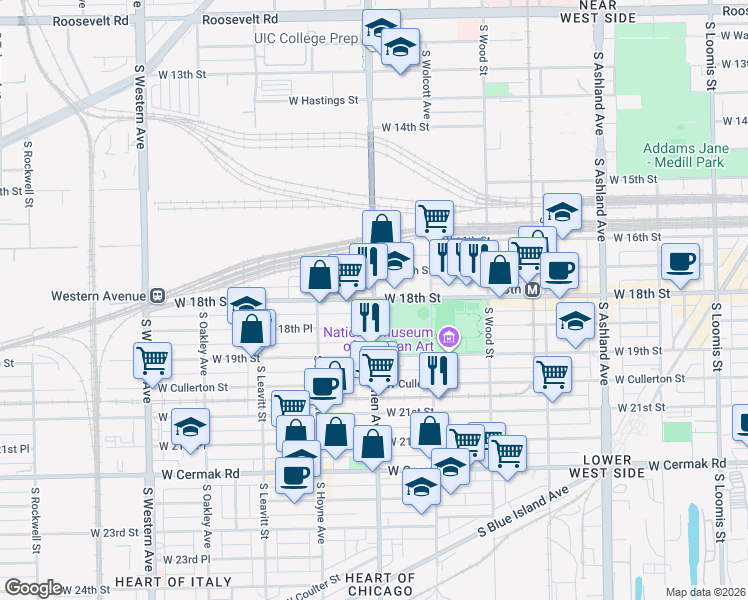 map of restaurants, bars, coffee shops, grocery stores, and more near South Damen Avenue & West 18th Street in Chicago