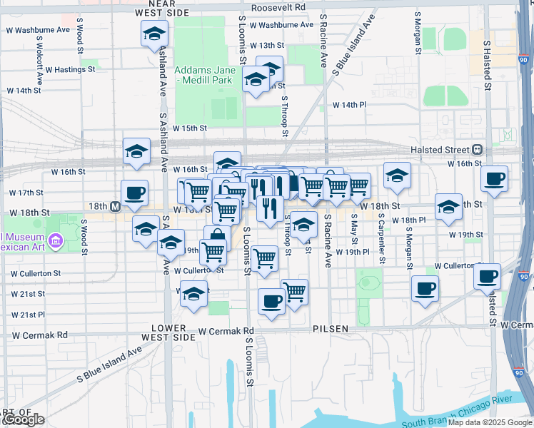map of restaurants, bars, coffee shops, grocery stores, and more near 1327 West 18th Street in Chicago