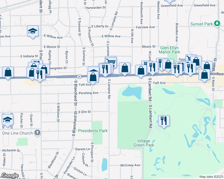 map of restaurants, bars, coffee shops, grocery stores, and more near 881 South Lorraine Road in Wheaton