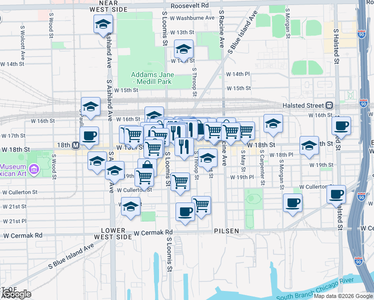 map of restaurants, bars, coffee shops, grocery stores, and more near 1317 West 18th Street in Chicago