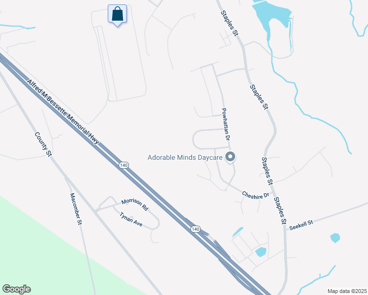 map of restaurants, bars, coffee shops, grocery stores, and more near 105 Meeshawn Avenue in Taunton