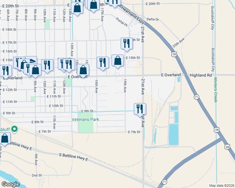 map of restaurants, bars, coffee shops, grocery stores, and more near 148 Lee Ann Lane in Scottsbluff