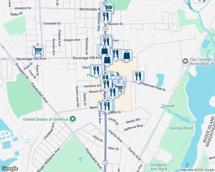 map of restaurants, bars, coffee shops, grocery stores, and more near 50B Newport Avenue in East Providence