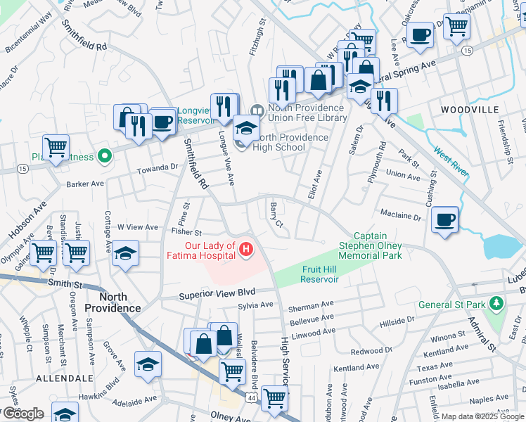 map of restaurants, bars, coffee shops, grocery stores, and more near 300 Smithfield Road in North Providence