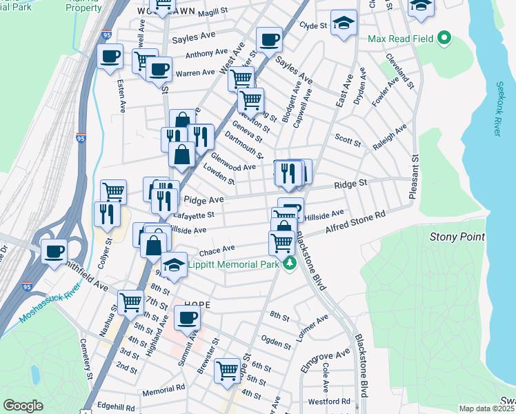 map of restaurants, bars, coffee shops, grocery stores, and more near 176 Lafayette Street in Pawtucket