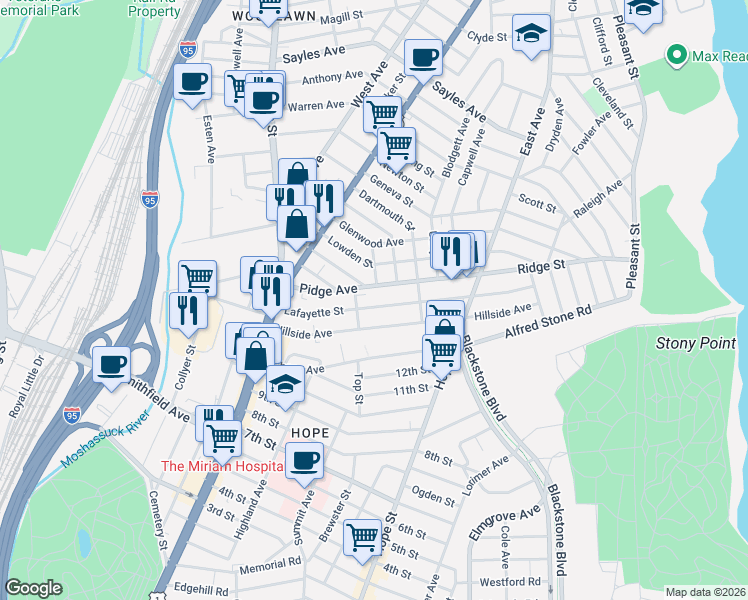 map of restaurants, bars, coffee shops, grocery stores, and more near 211 Lafayette Street in Pawtucket