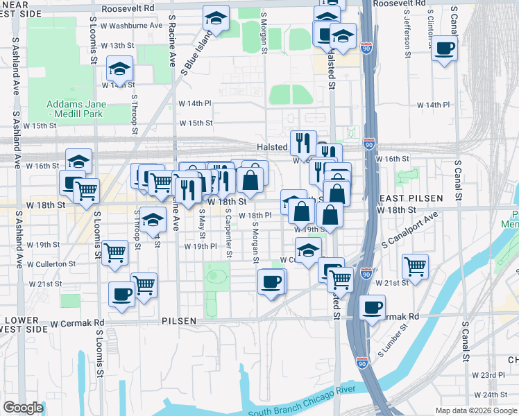 map of restaurants, bars, coffee shops, grocery stores, and more near in Chicago