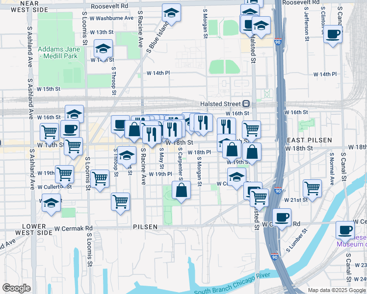 map of restaurants, bars, coffee shops, grocery stores, and more near 1020 West 18th Place in Chicago