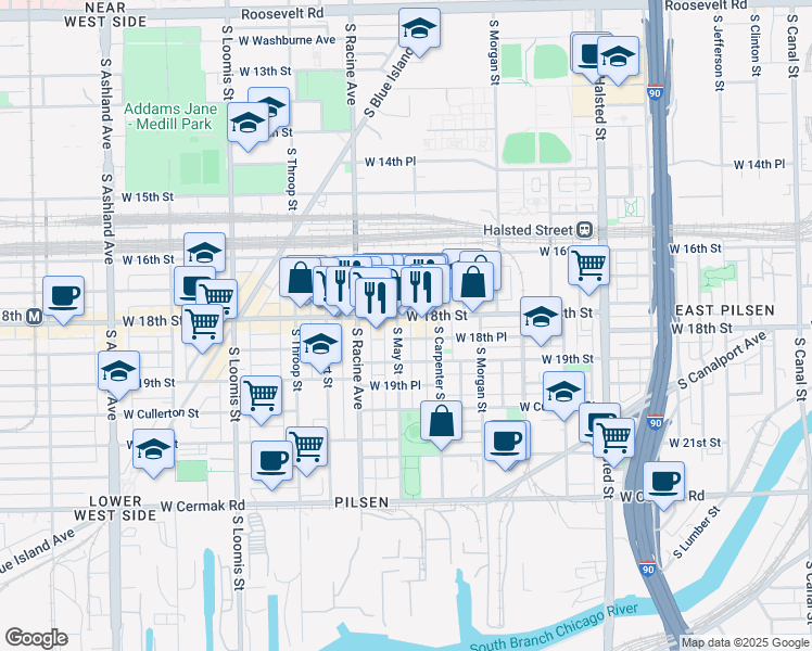 map of restaurants, bars, coffee shops, grocery stores, and more near 1116 West 18th Place in Chicago