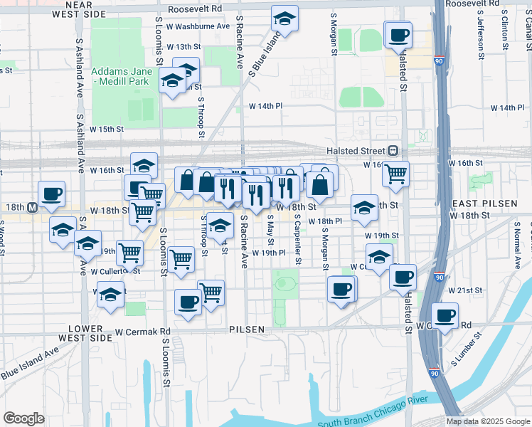 map of restaurants, bars, coffee shops, grocery stores, and more near 1157 West 18th Street in Chicago