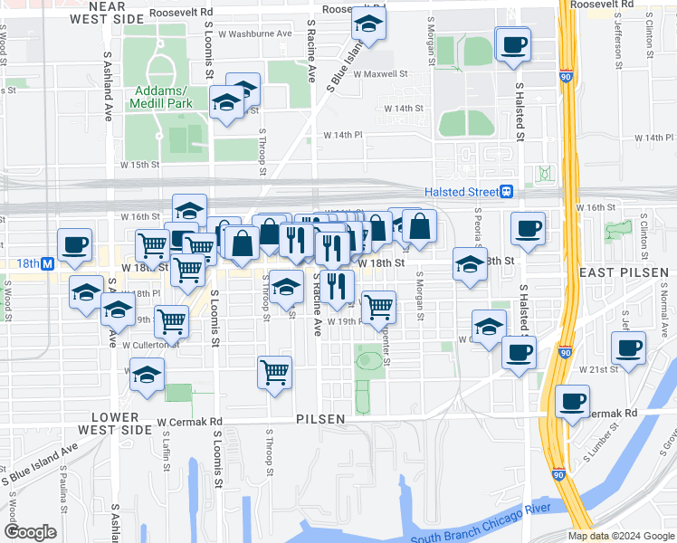 map of restaurants, bars, coffee shops, grocery stores, and more near 1157 West 18th Street in Chicago