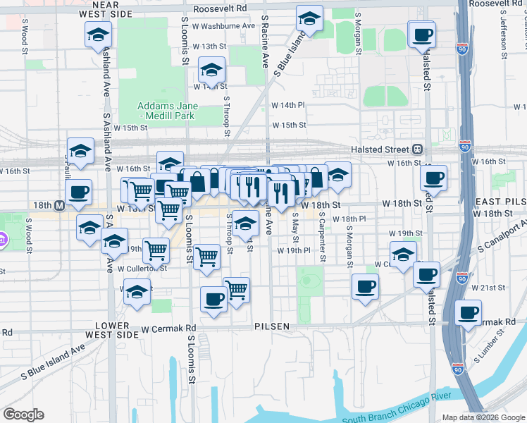 map of restaurants, bars, coffee shops, grocery stores, and more near 1813 South Allport Street in Chicago