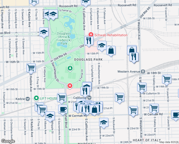 map of restaurants, bars, coffee shops, grocery stores, and more near 2734 West 18th Street in Chicago
