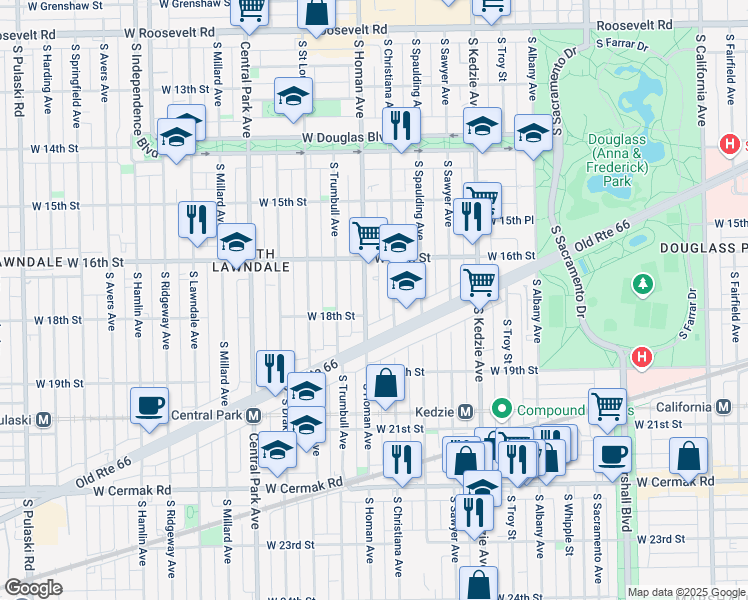 map of restaurants, bars, coffee shops, grocery stores, and more near 1650 South Christiana Avenue in Chicago