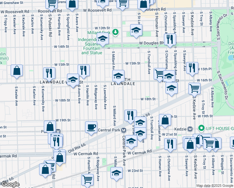 map of restaurants, bars, coffee shops, grocery stores, and more near 1650 South Central Park Avenue in Chicago