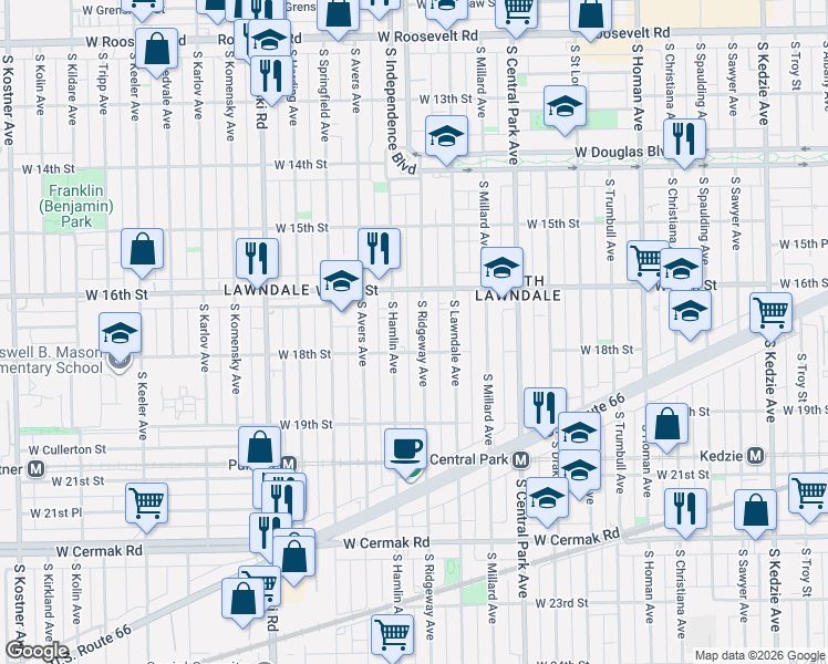 map of restaurants, bars, coffee shops, grocery stores, and more near 1649 South Ridgeway Avenue in Chicago