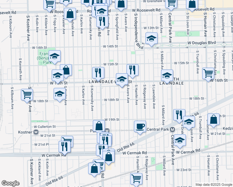 map of restaurants, bars, coffee shops, grocery stores, and more near 1646 South Springfield Avenue in Chicago