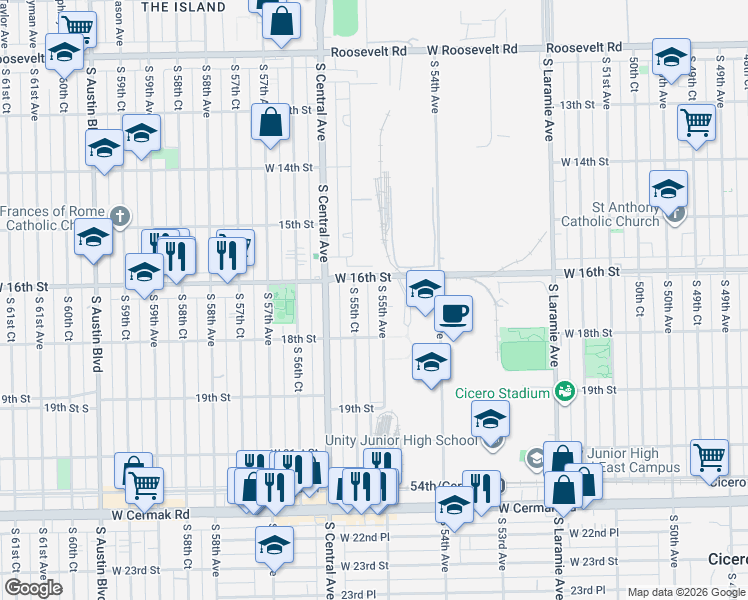 map of restaurants, bars, coffee shops, grocery stores, and more near 1618 South 55th Avenue in Cicero