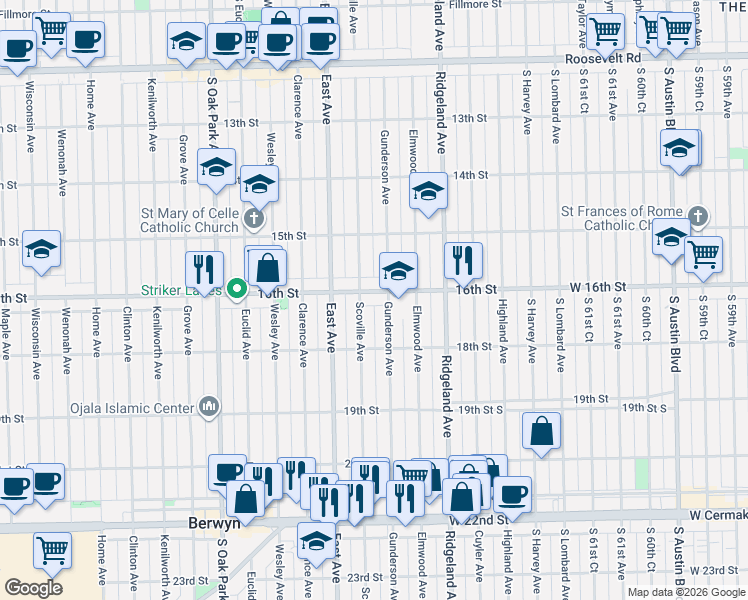 map of restaurants, bars, coffee shops, grocery stores, and more near 1612 Scoville Avenue in Berwyn