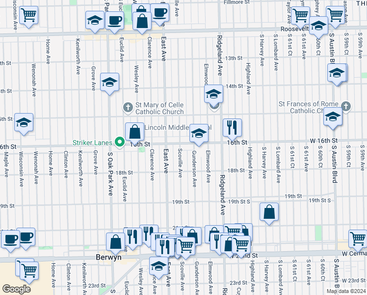 map of restaurants, bars, coffee shops, grocery stores, and more near 1612 Scoville Avenue in Berwyn