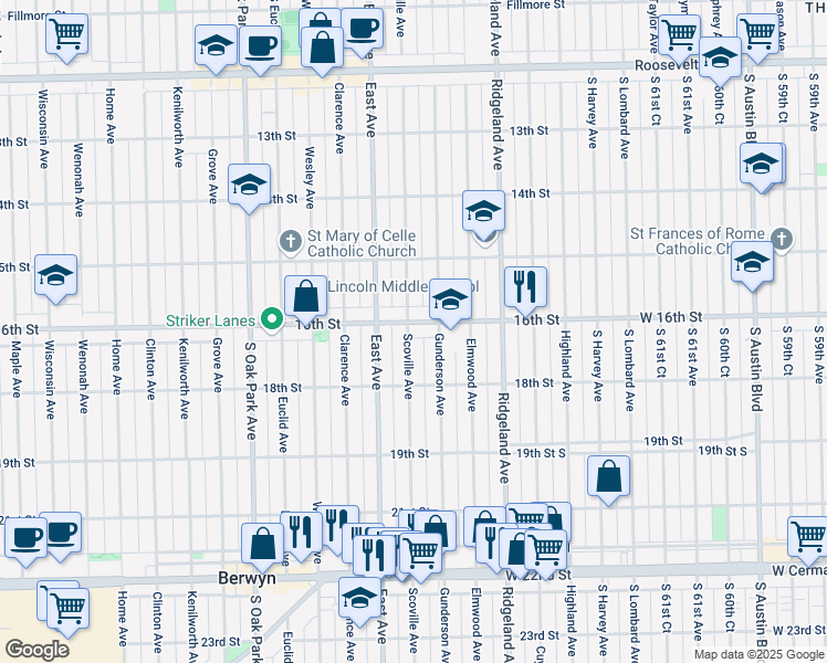 map of restaurants, bars, coffee shops, grocery stores, and more near 1612 Scoville Avenue in Berwyn