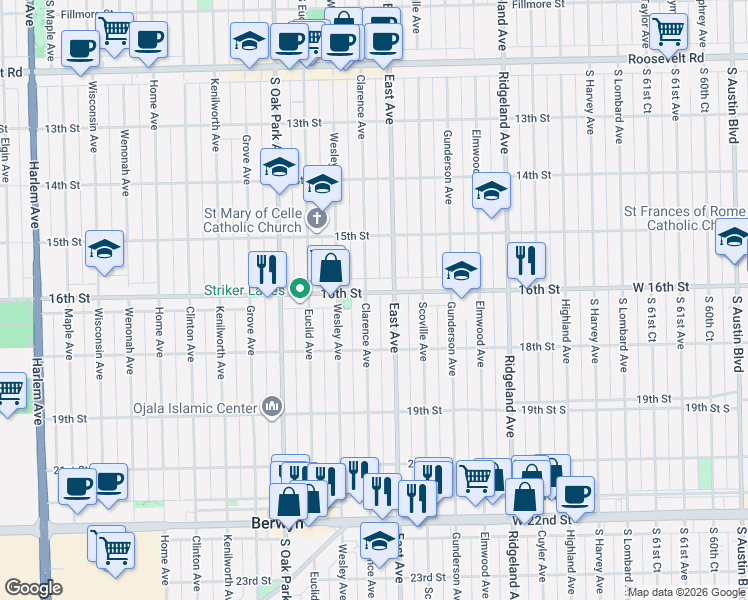 map of restaurants, bars, coffee shops, grocery stores, and more near 1612 East Avenue in Berwyn