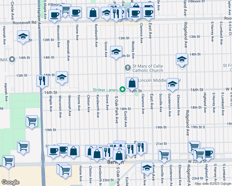 map of restaurants, bars, coffee shops, grocery stores, and more near 1607 Oak Park Avenue in Berwyn