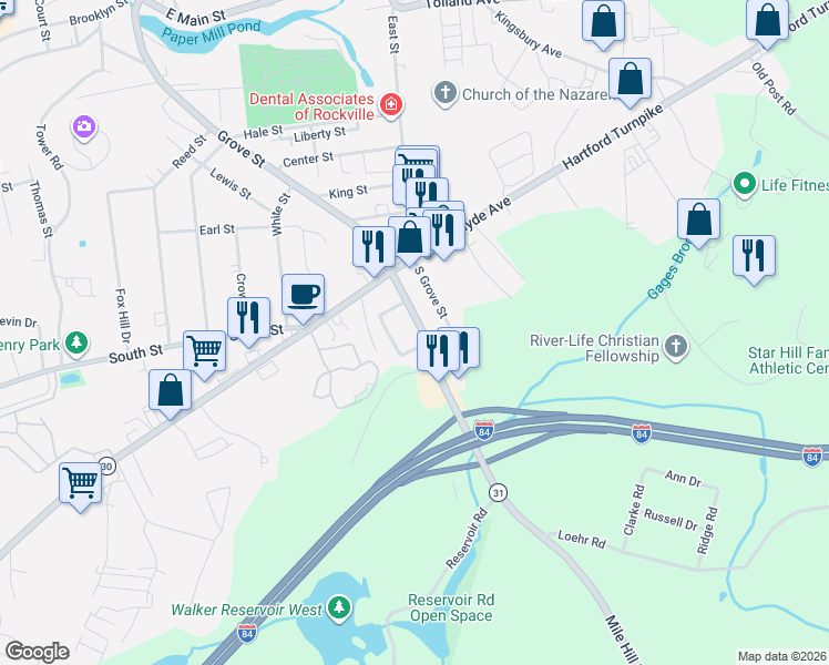 map of restaurants, bars, coffee shops, grocery stores, and more near 35 Reservoir Road in Vernon