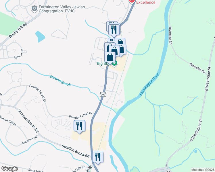 map of restaurants, bars, coffee shops, grocery stores, and more near 4 Hazel Court in Simsbury