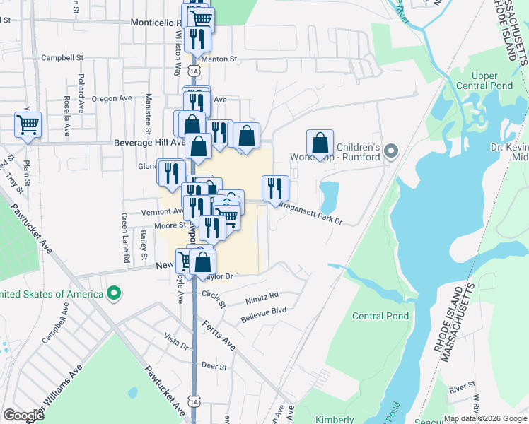 map of restaurants, bars, coffee shops, grocery stores, and more near 12 East Drive in East Providence