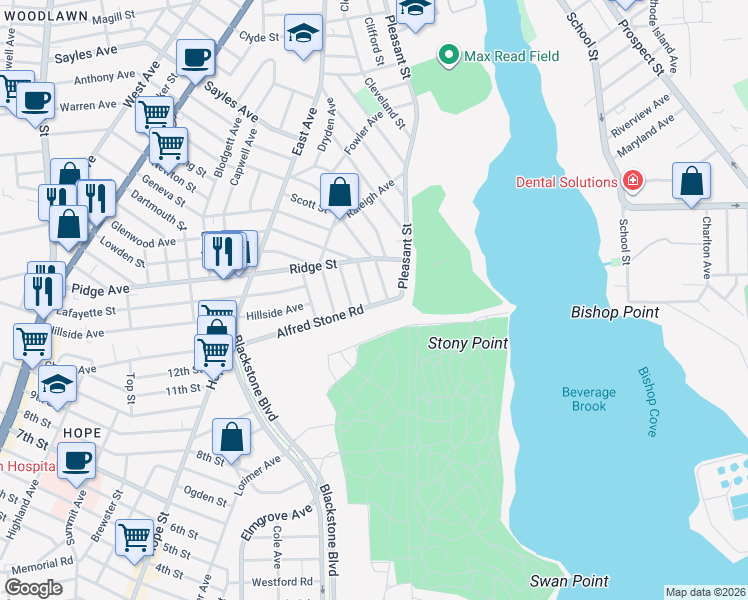 map of restaurants, bars, coffee shops, grocery stores, and more near 52 Paris Street in Pawtucket