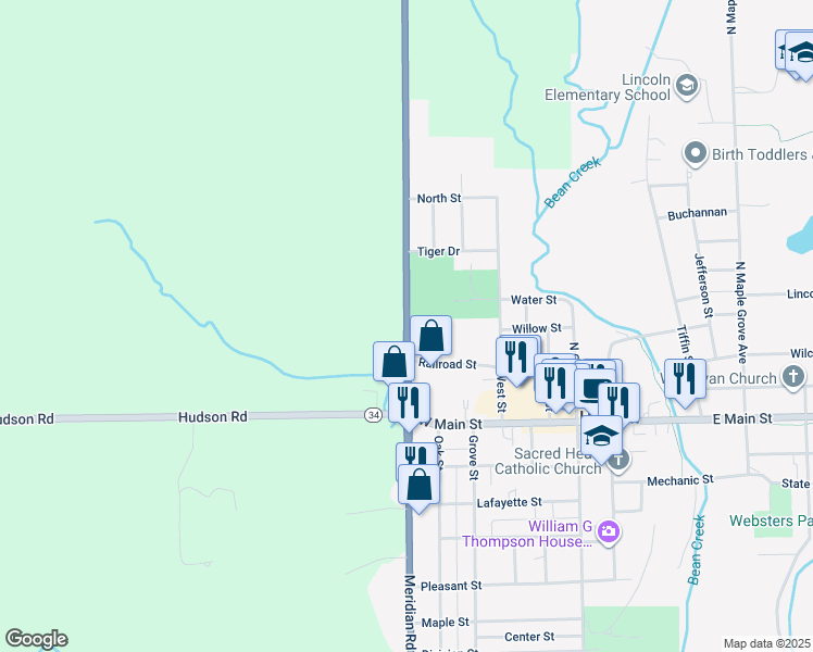 map of restaurants, bars, coffee shops, grocery stores, and more near South Meridian Road in Hudson