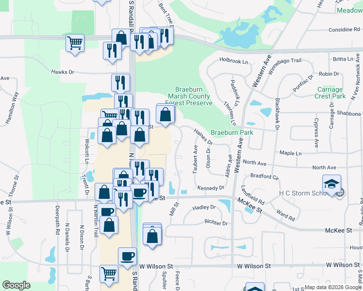 map of restaurants, bars, coffee shops, grocery stores, and more near 426 Mill Street in Batavia