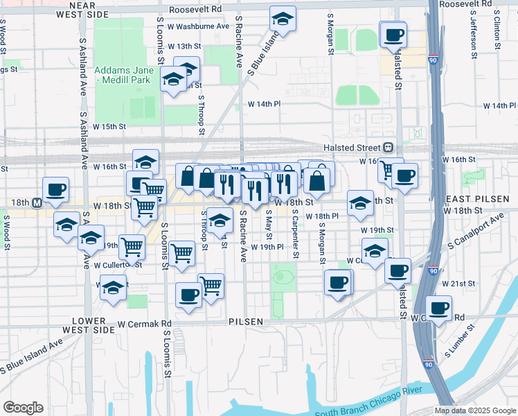 map of restaurants, bars, coffee shops, grocery stores, and more near 1157 West 18th Street in Chicago