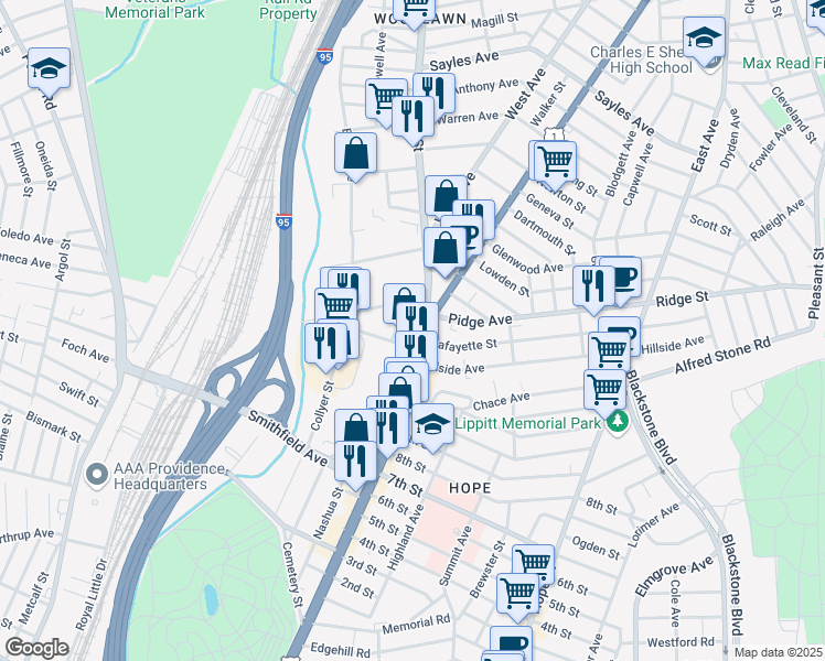 map of restaurants, bars, coffee shops, grocery stores, and more near 603 Pawtucket Avenue in Pawtucket