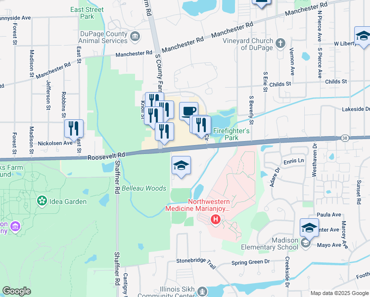map of restaurants, bars, coffee shops, grocery stores, and more near 2130 West Roosevelt Road in Wheaton
