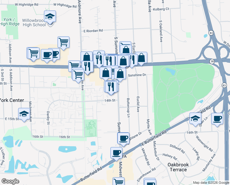 map of restaurants, bars, coffee shops, grocery stores, and more near 17W602 14th Street in Oakbrook Terrace